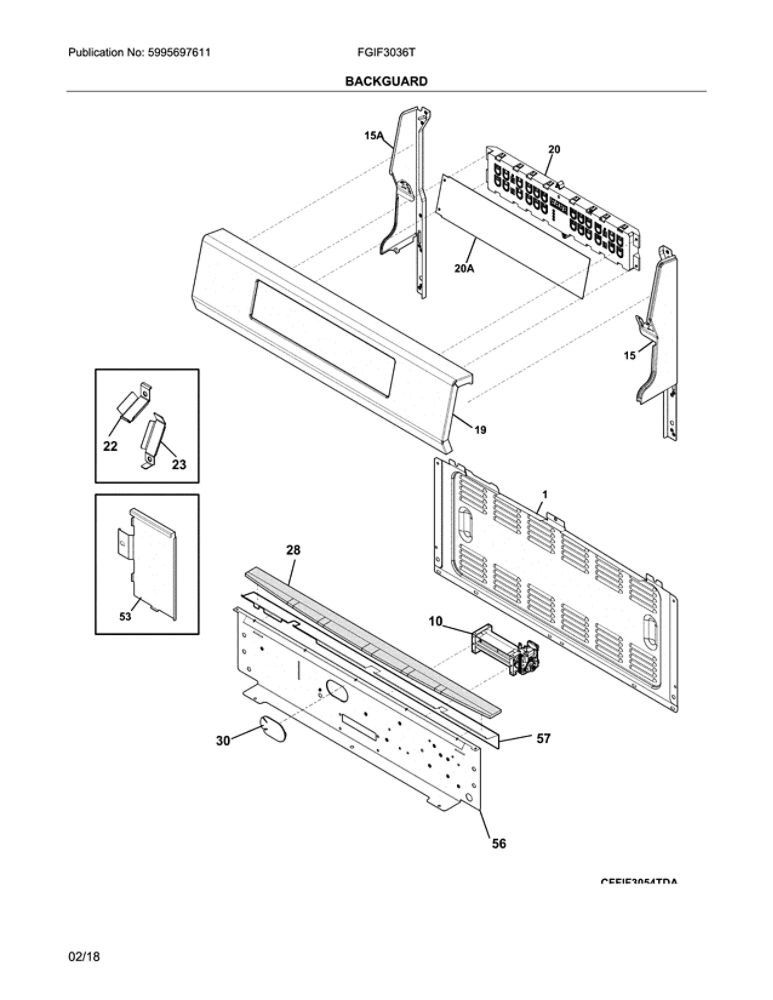 Backguard Diagram and Parts List for FGIF3036TDA  Frigidaire Range