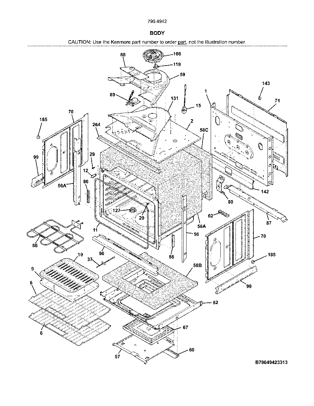 Body Diagram and Parts List for 79049429314  Kenmore Wall Oven
