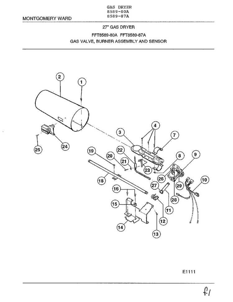 Gas Valve, Burner Assembly And Sensor Diagram and Parts List for 8589-87A  Frigidaire Dryer
