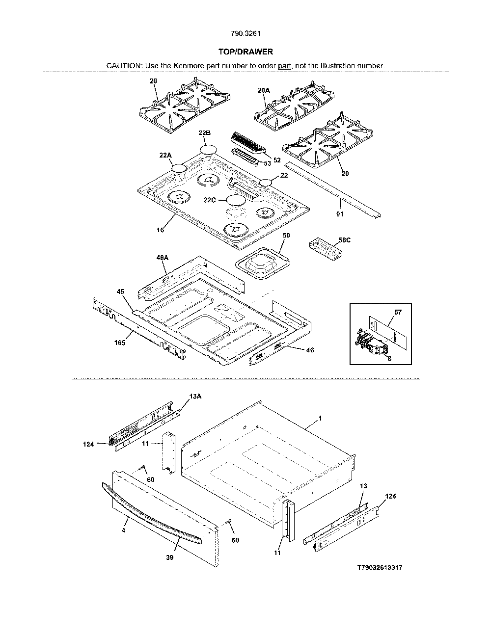 Top/drawer Diagram and Parts List for 7903261331C  Kenmore Range