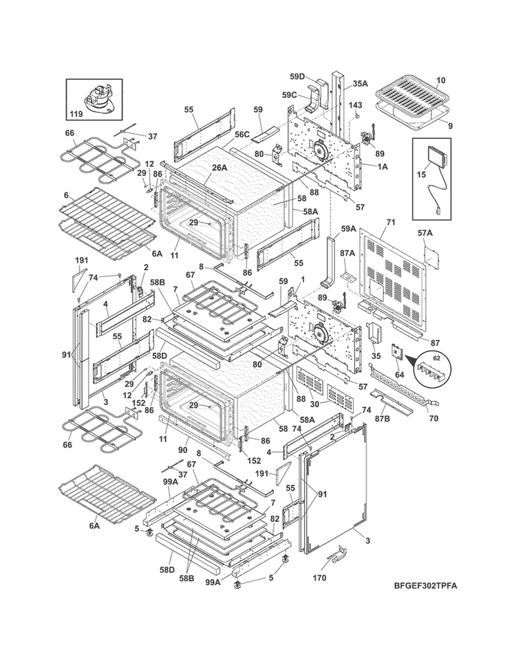 Body Diagram and Parts List for FGEF302TPBA  Frigidaire Range