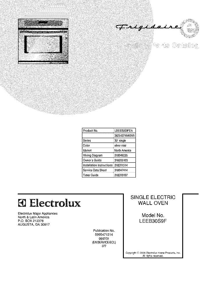 COVER Diagram and Parts List for LEEB30S9FEA  Frigidaire Wall Oven