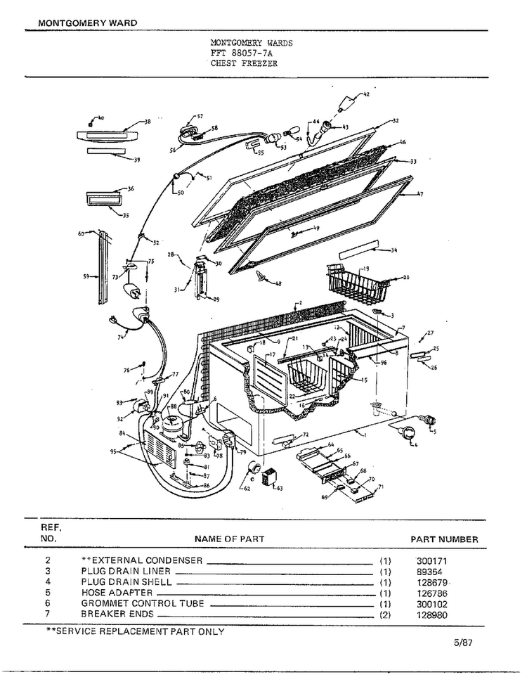 Chest Freezer Diagram and Parts List for 88057-7A  Frigidaire Freezer
