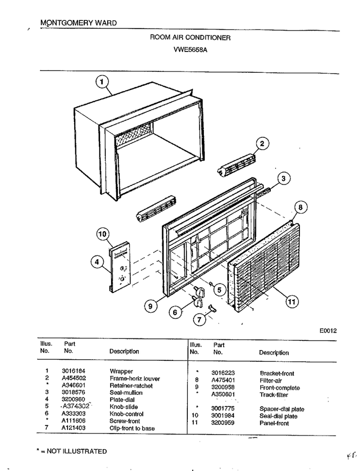 Room Air Conditioner Diagram and Parts List for 5658A  Frigidaire Air Conditioner