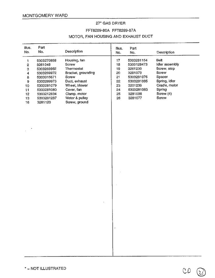 Motor/fan Housing/exhaust Duct Page 2 Diagram and Parts List for 8289-80A  Frigidaire Dryer