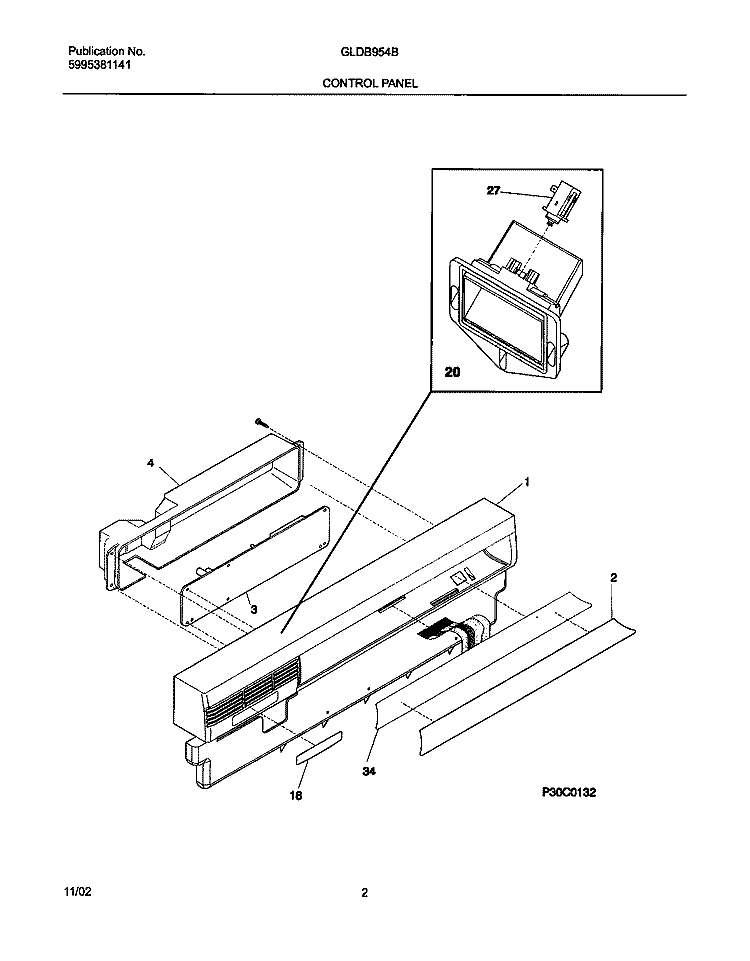 CONTROL PANEL Diagram and Parts List for GLDB954BS1  Frigidaire Dishwasher