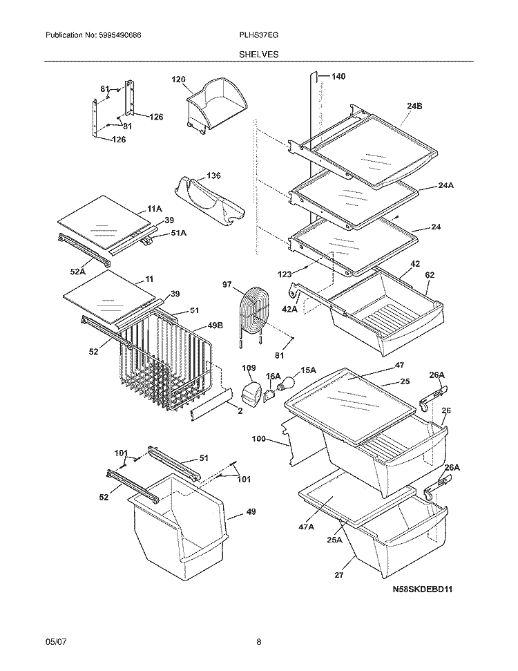 SHELVES Diagram and Parts List for PLHS37EGSB3  Frigidaire Refrigerator