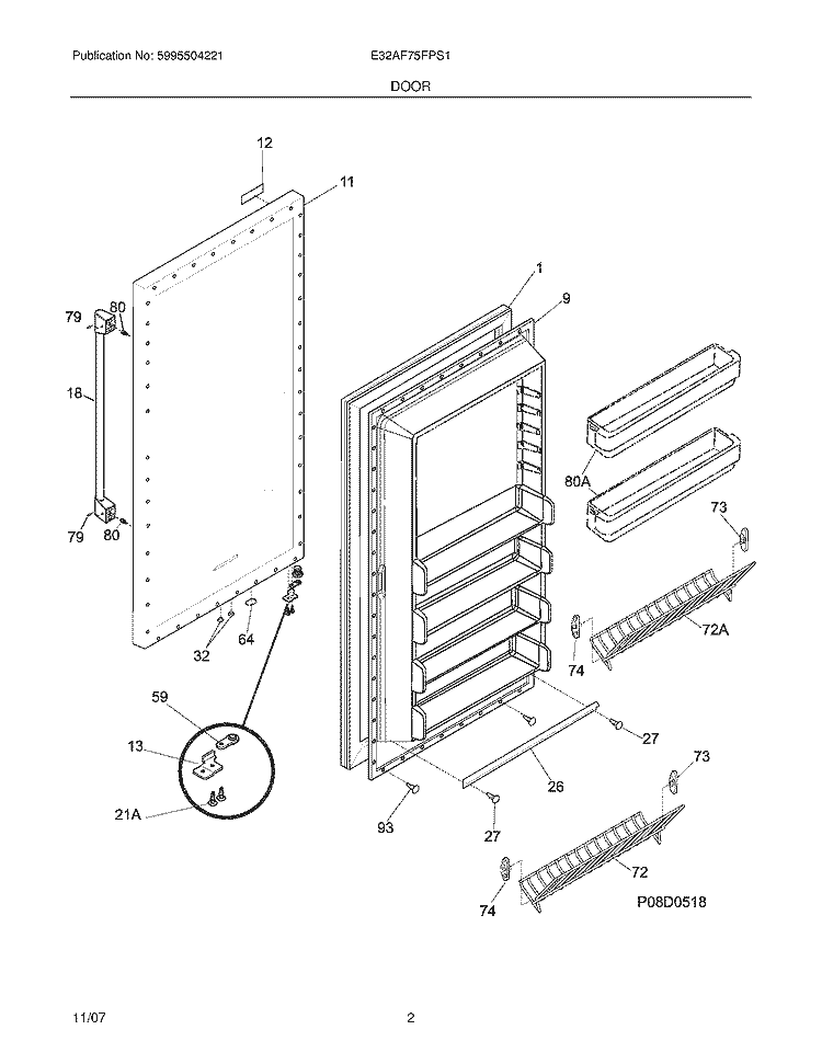 DOOR Diagram and Parts List for E32AF75FPS1  Electrolux Freezer