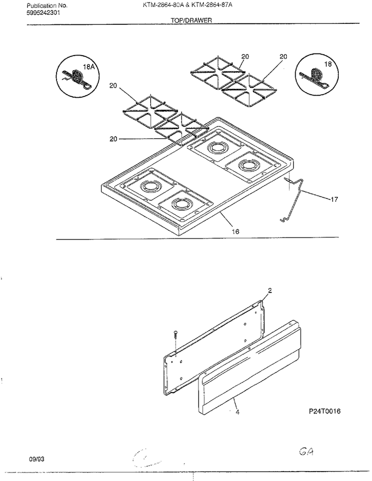 Top/drawer Diagram and Parts List for 2864  Frigidaire Range
