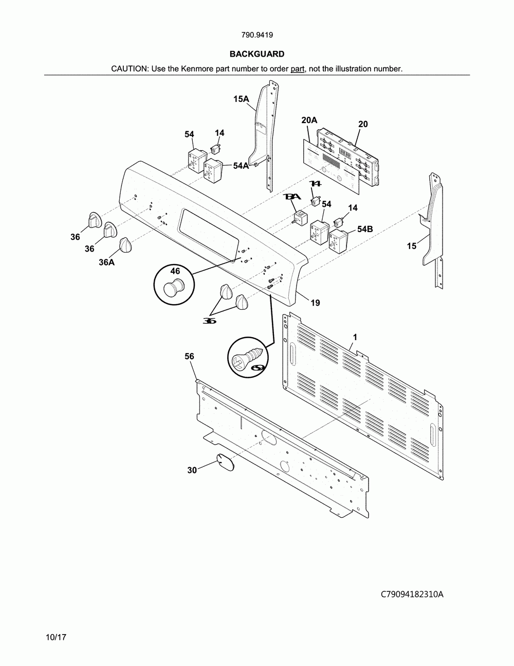 Backguard Diagram and Parts List for 79094192314  Kenmore Range