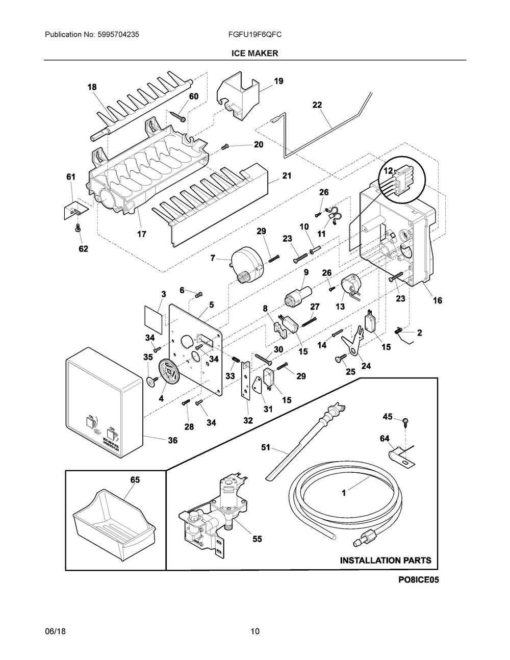 Ice Maker Diagram and Parts List for FGFU19F6QFC  Frigidaire Freezer