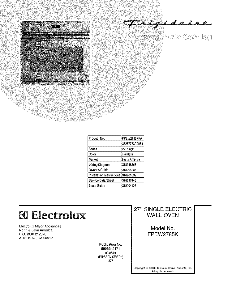 COVER Diagram and Parts List for FPEW2785KFA  Frigidaire Wall Oven