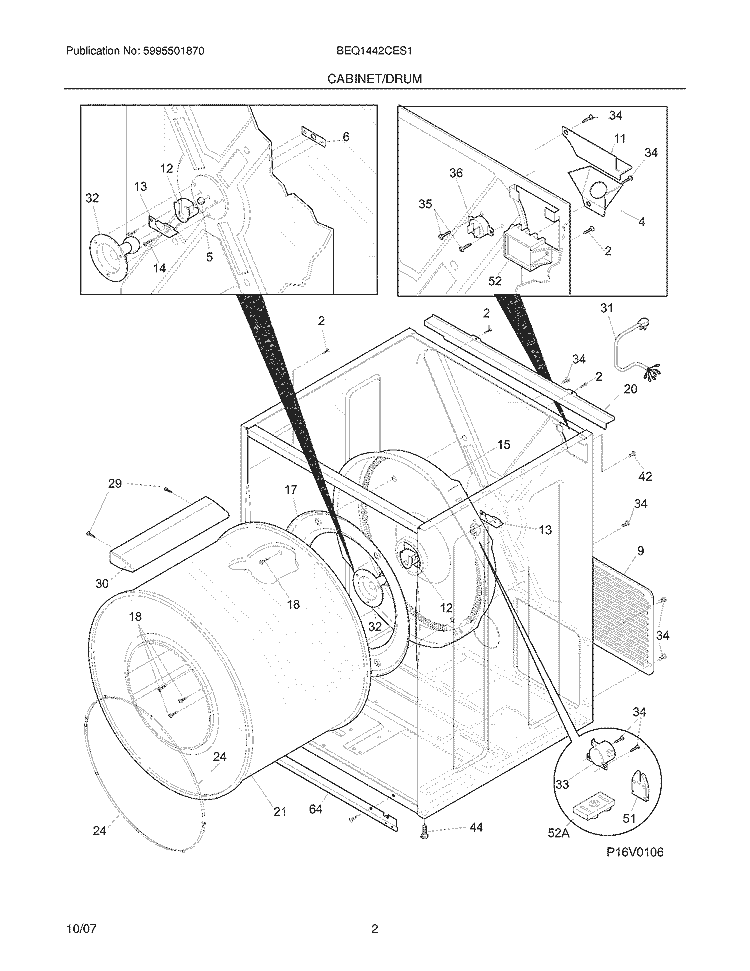 CABINET / DRUM Diagram and Parts List for BEQ1442CES1  Crosley Dryer