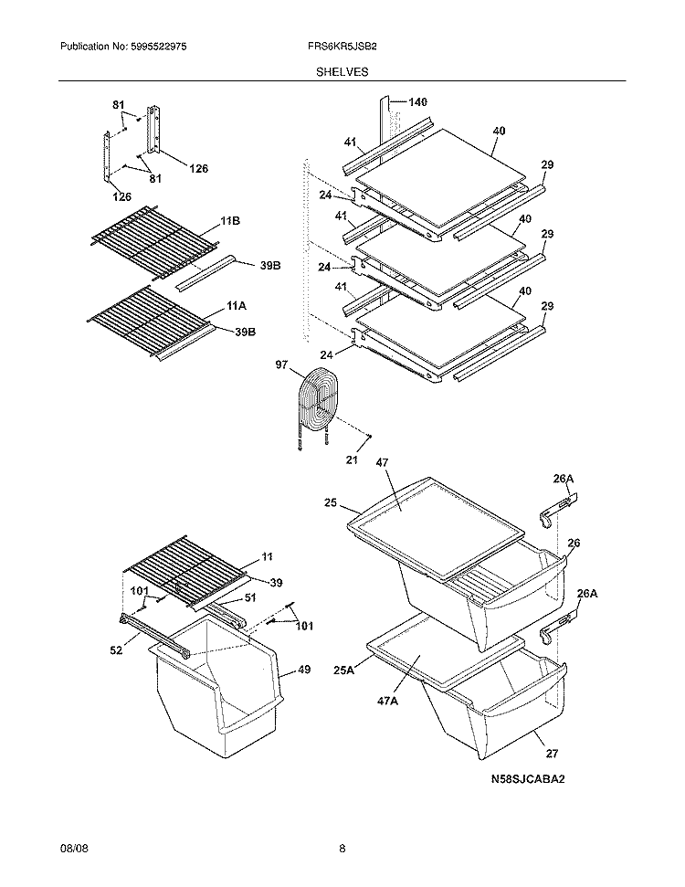 SHELVES Diagram and Parts List for FRS6KR5JSB2  Frigidaire Refrigerator