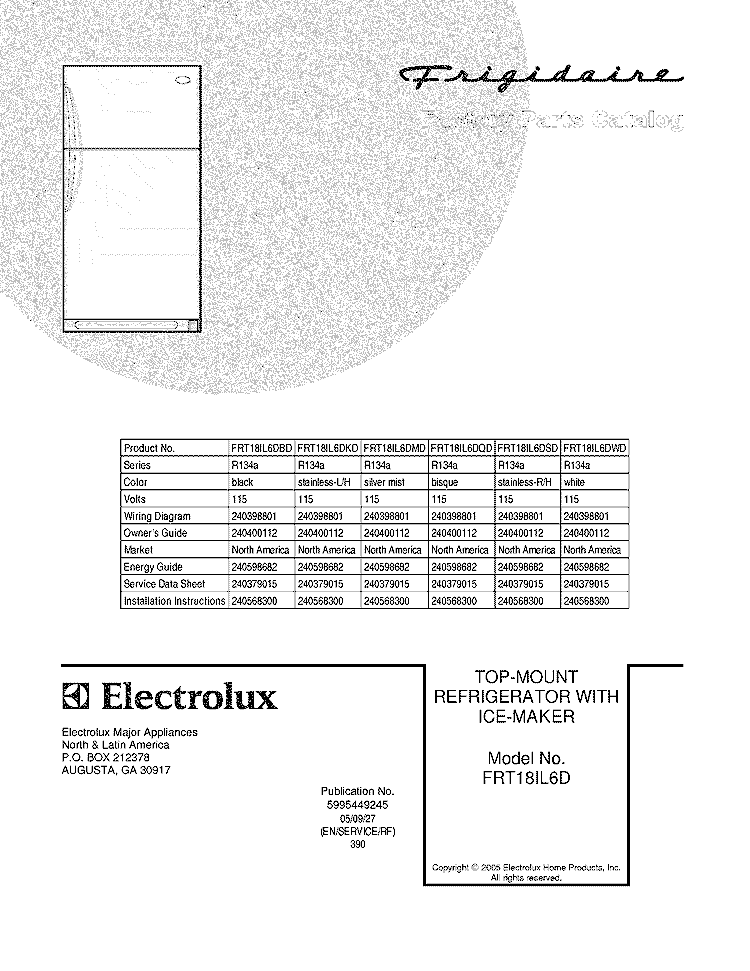 COVER Diagram and Parts List for FRT18IL6DBD  Frigidaire Refrigerator