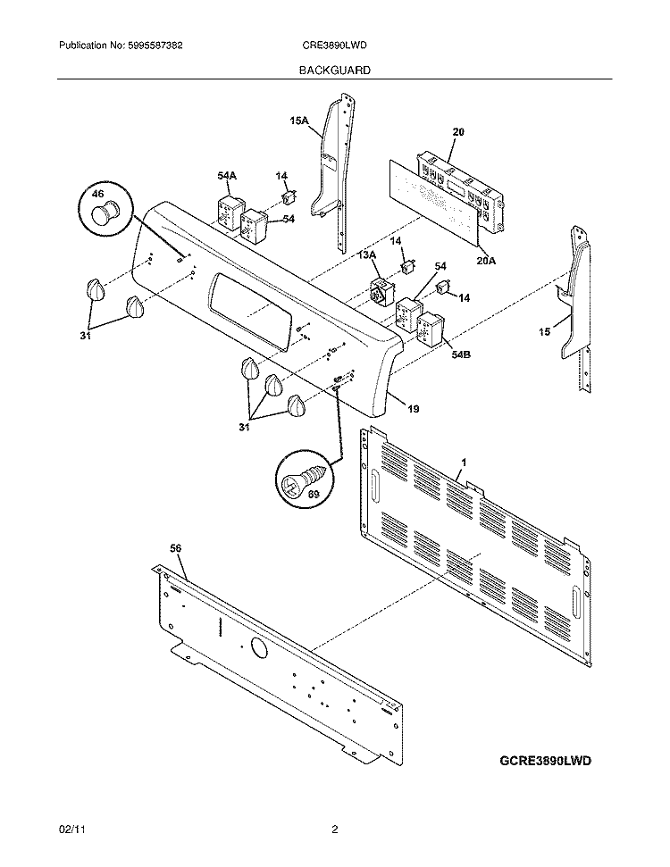BACKGUARD Diagram and Parts List for CRE3890LWD  Electrolux Range