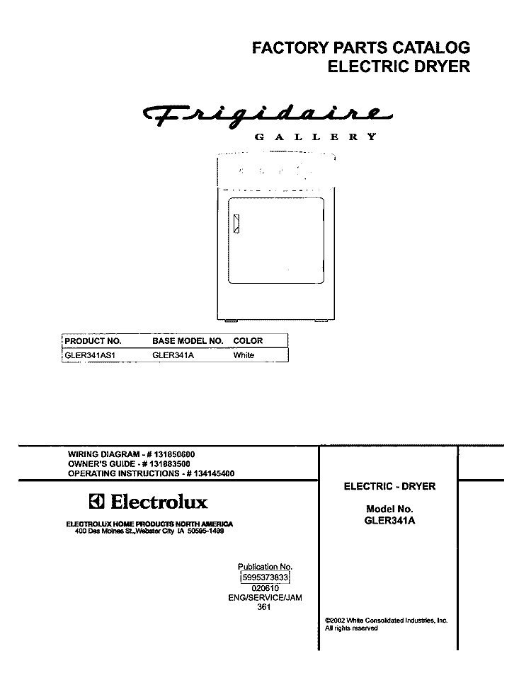 COVER Diagram and Parts List for GLER341AS1  Frigidaire Dryer