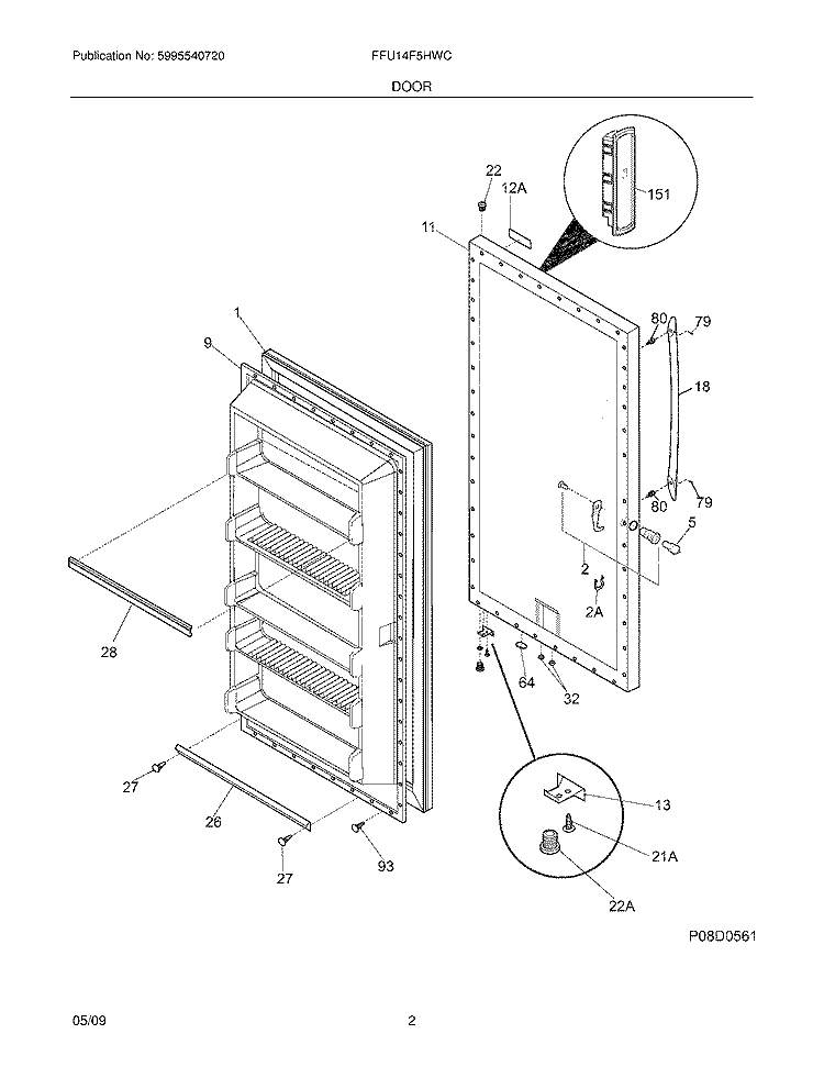 DOOR Diagram and Parts List for FFU14F5HWC  Frigidaire Freezer