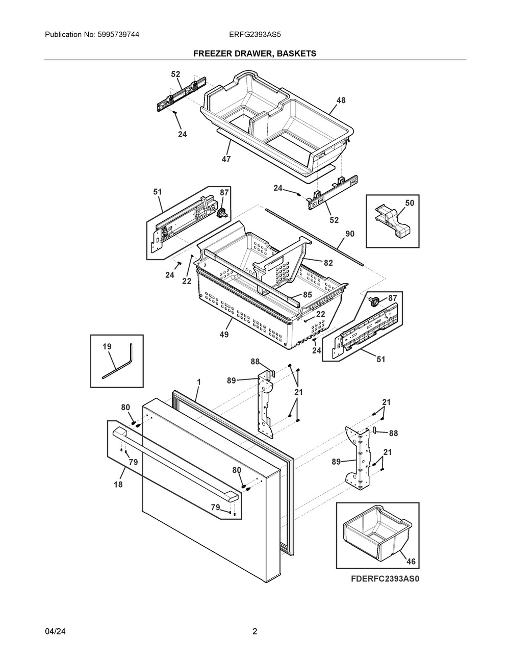 Freezer Drawer, Baskets Diagram and Parts List for ERFG2393AS5  Frigidaire Refrigerator
