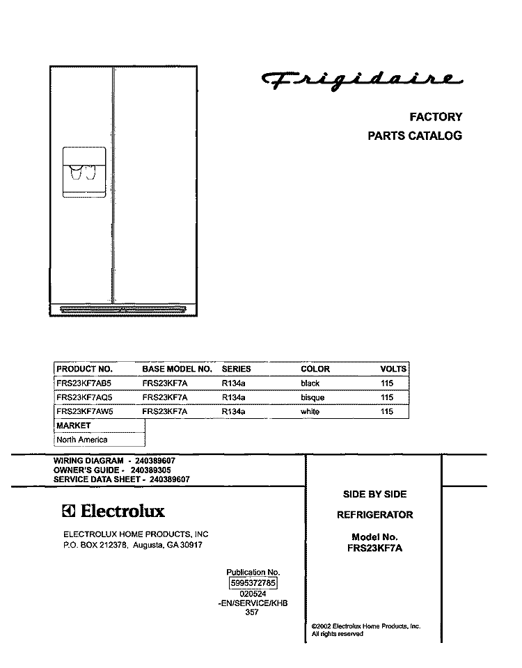 COVER Diagram and Parts List for FRS23KF7AB5  Frigidaire Refrigerator
