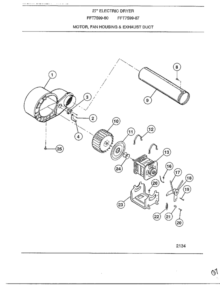 Motor, Ran Housing & Exhaust Duct Diagram and Parts List for 7599-80  Frigidaire Dryer