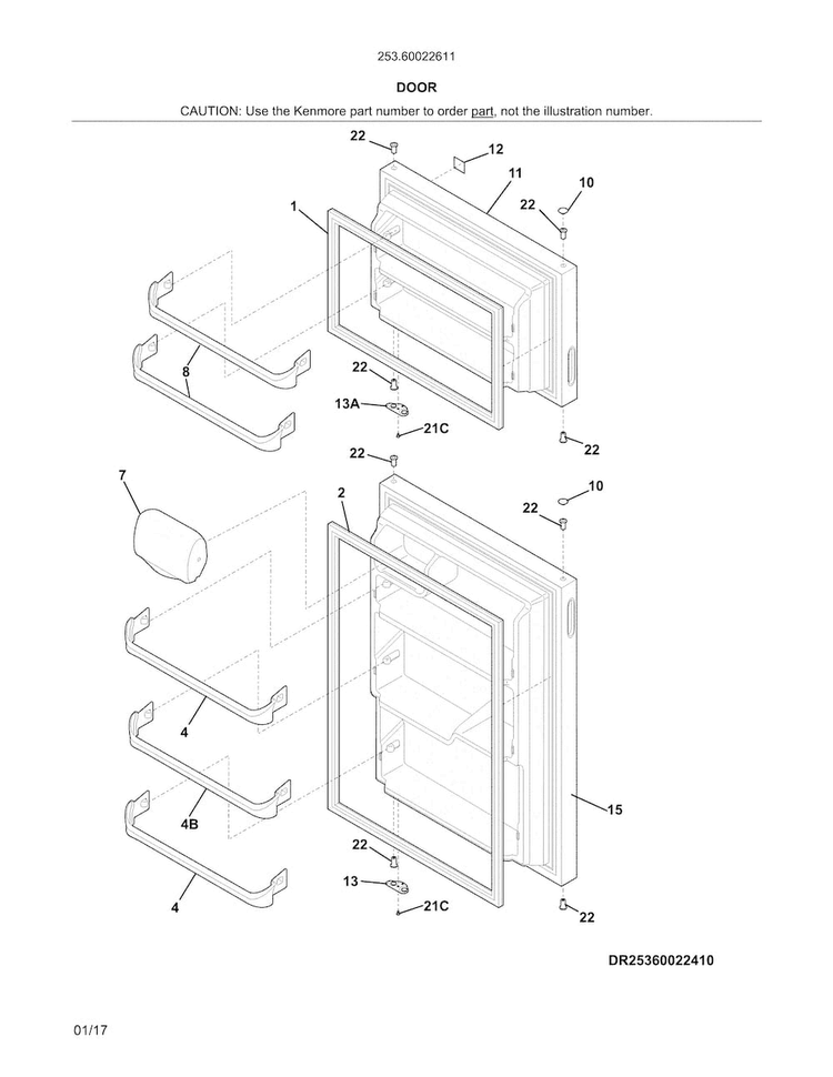 Door Diagram and Parts List for 25360022611  Kenmore Refrigerator
