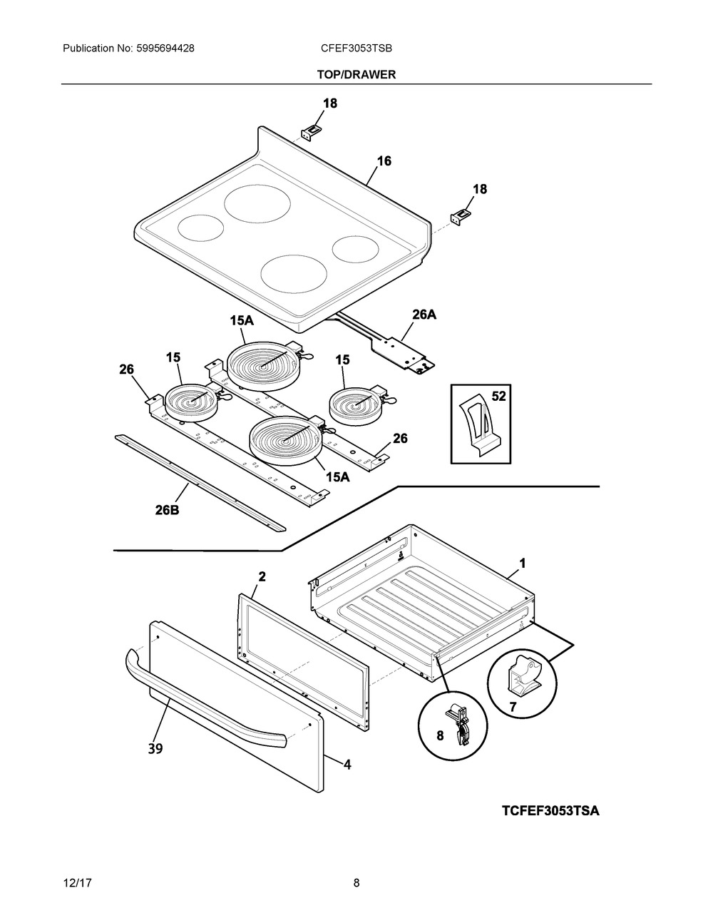 Top/drawer Diagram and Parts List for CFEF3053TSB  Frigidaire Range
