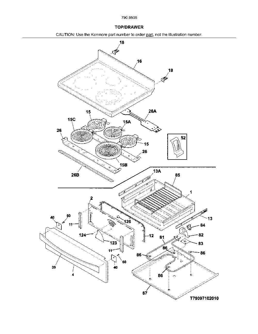 Top/drawer Diagram and Parts List for 79095059314  Kenmore Range