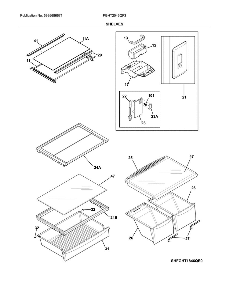 Shelves Diagram and Parts List for FGHT2046QF3  Frigidaire Refrigerator