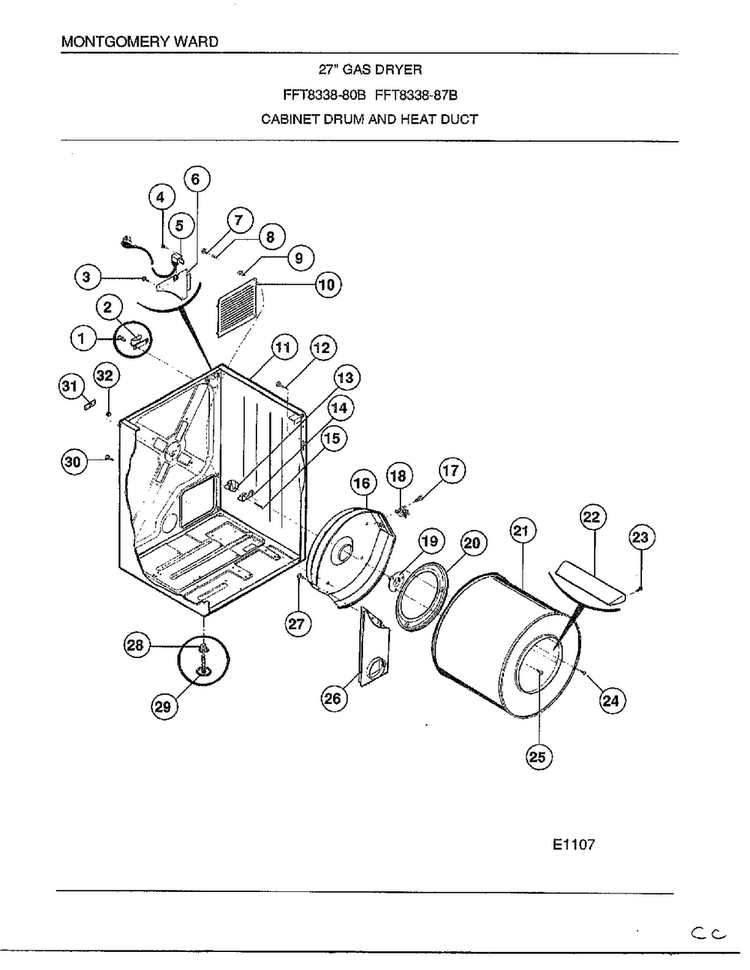Cabinet Drum And Heat Duct Diagram and Parts List for 8338B  Frigidaire Dryer