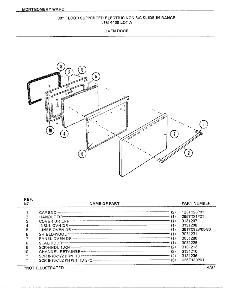 30" Floor/oven Door Diagram and Parts List for 4408C  Frigidaire Range