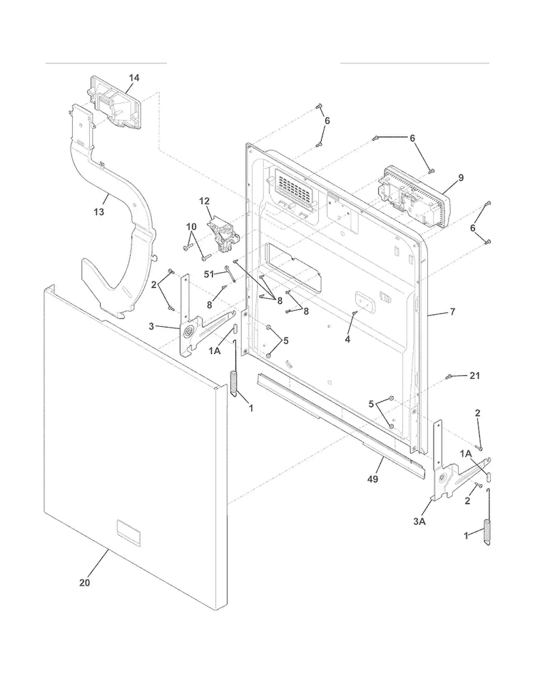 Door Diagram and Parts List for FGBD2431KW1A  Frigidaire Dishwasher