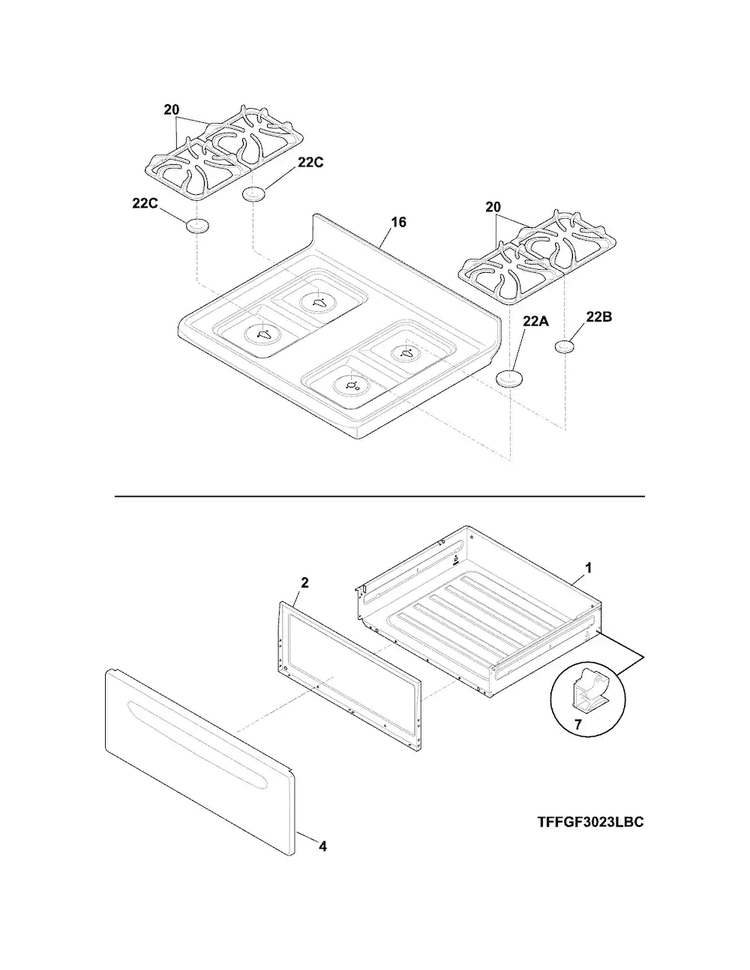 Top/drawer Diagram and Parts List for FFGF3023LWF  Frigidaire Range