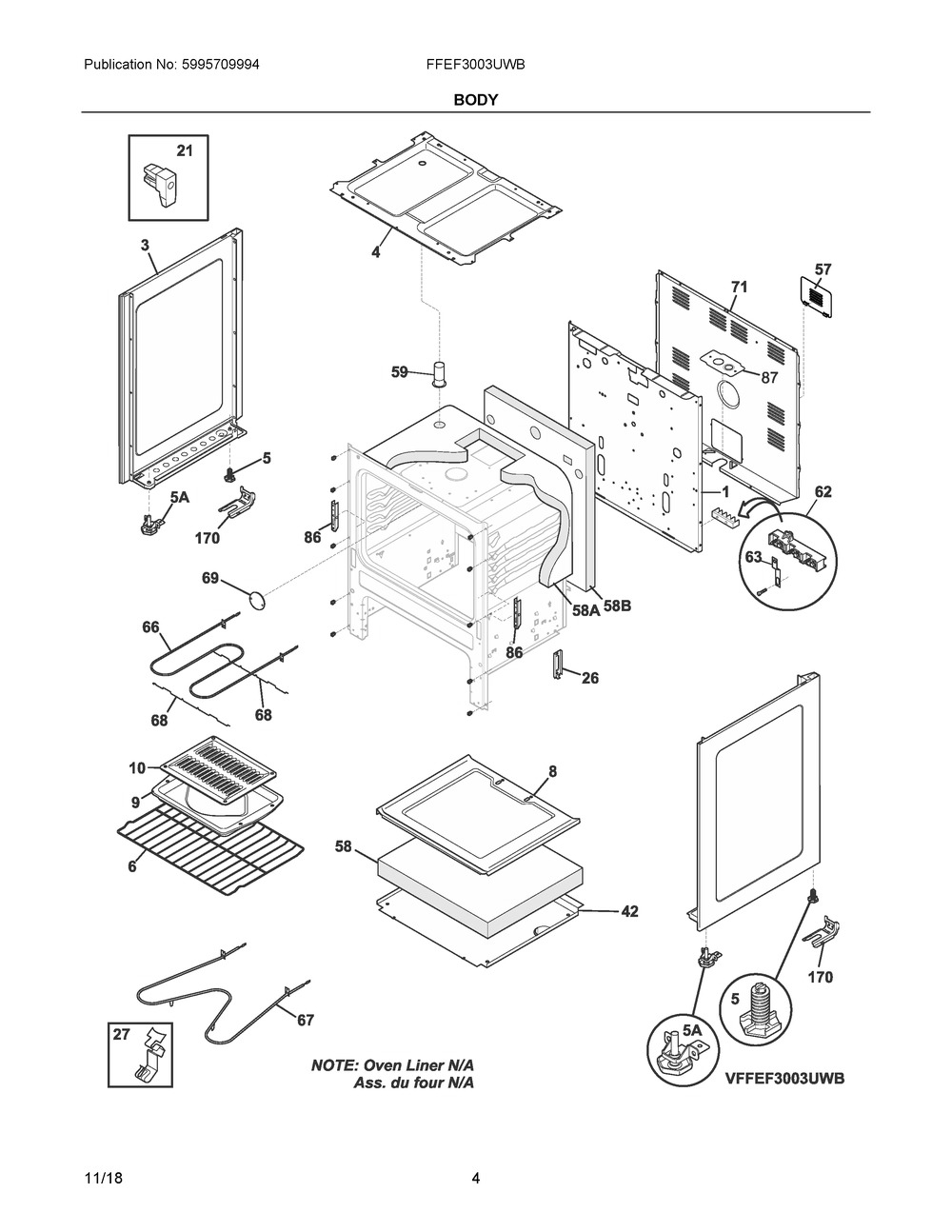 Body Diagram and Parts List for FFEF3003UWB  Frigidaire Range