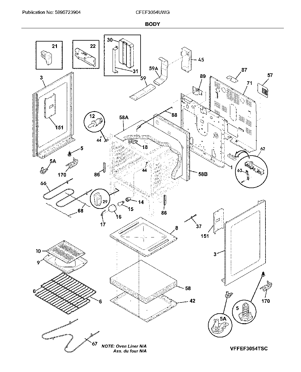 Body Diagram and Parts List for CFEF3054UWG  Frigidaire Range