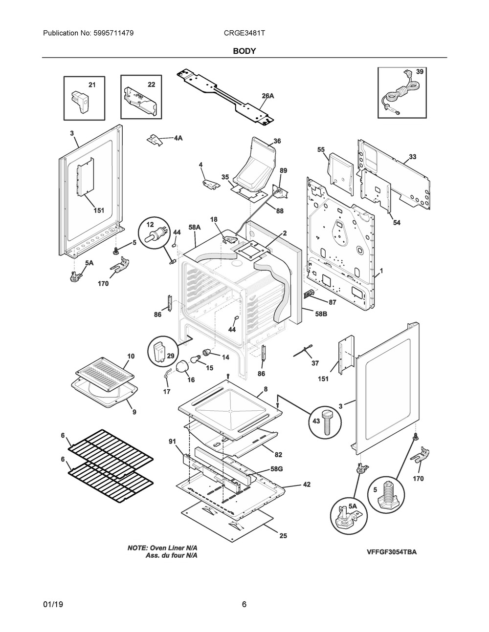 Body Diagram and Parts List for CRGE3481TSA  Frigidaire Range
