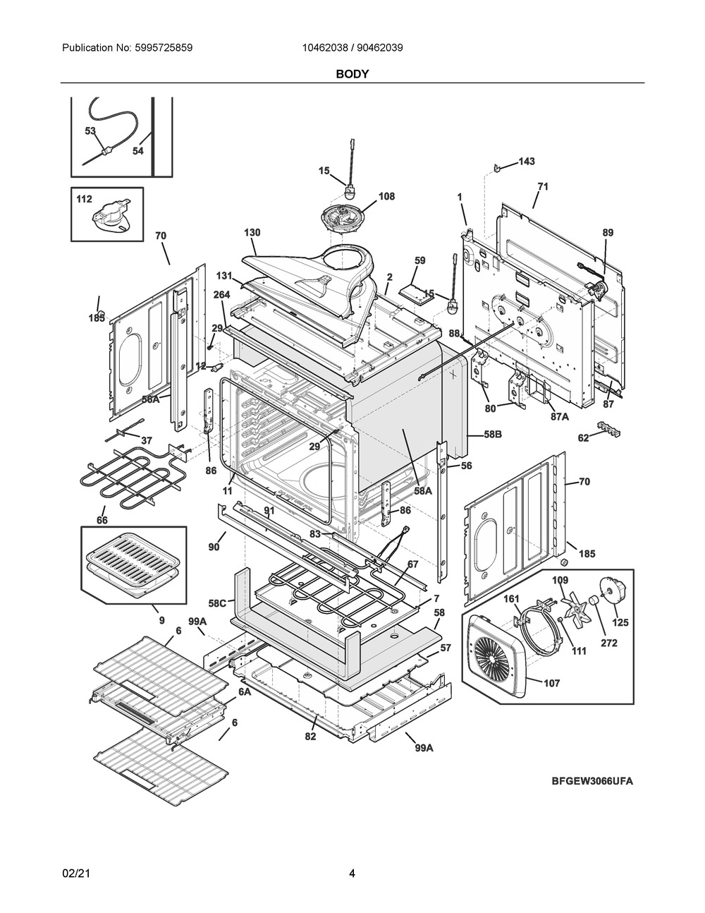 Body Diagram and Parts List for 90462039A  Frigidaire Range