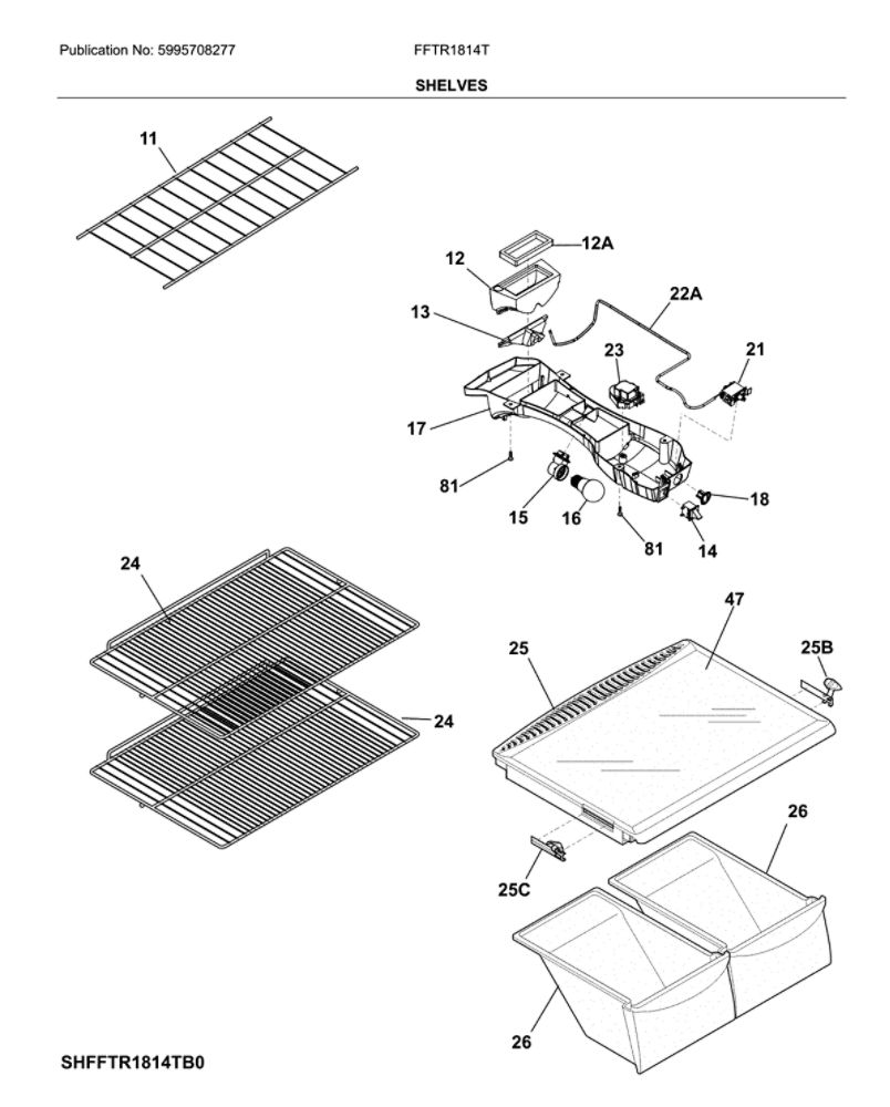 Shelves Diagram and Parts List for FFTR1814TB4  Frigidaire Refrigerator