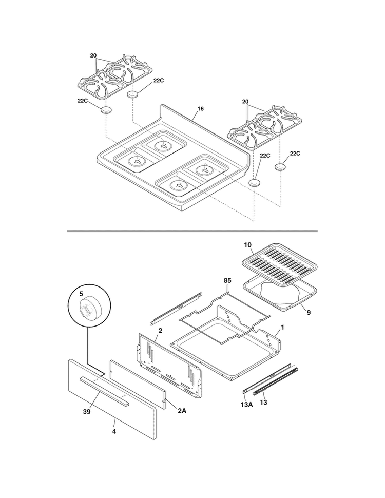 Top/drawer Diagram and Parts List for FFGF3013ZWB  Frigidaire Range