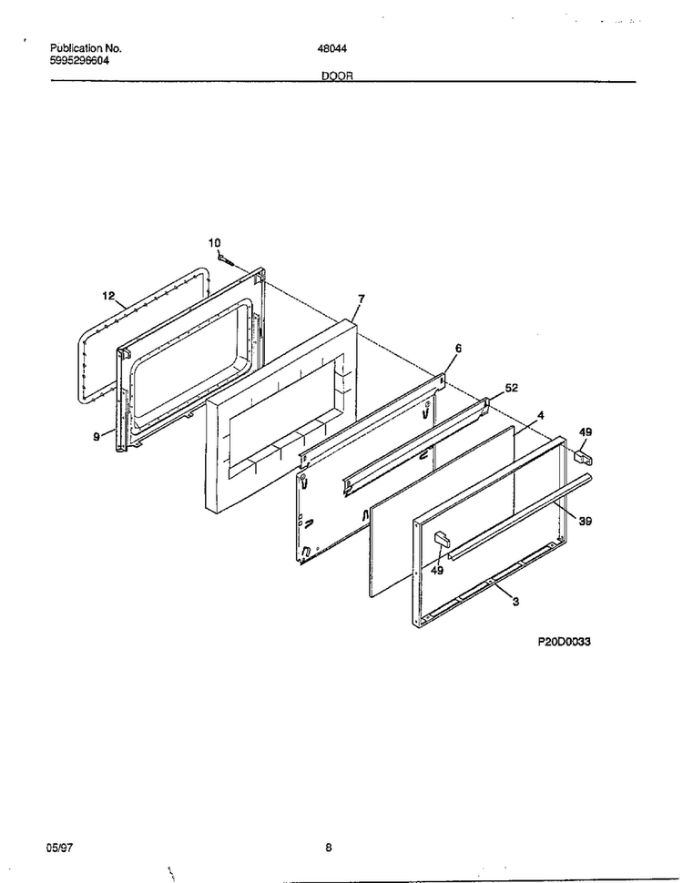 Door Diagram and Parts List for 480447F  Frigidaire Range