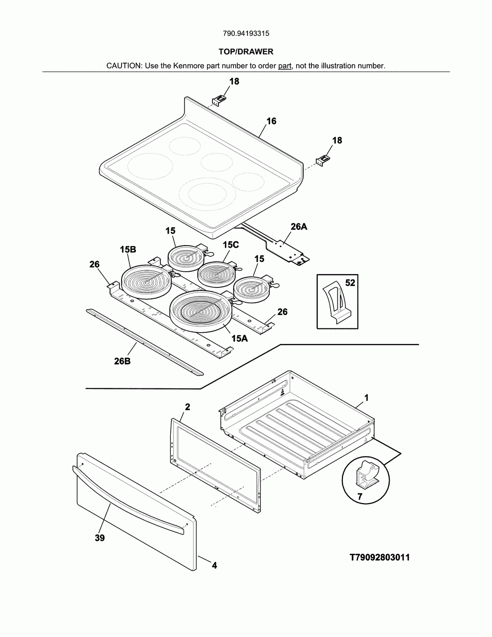 Top/drawer Diagram and Parts List for 79094193315  Kenmore Range