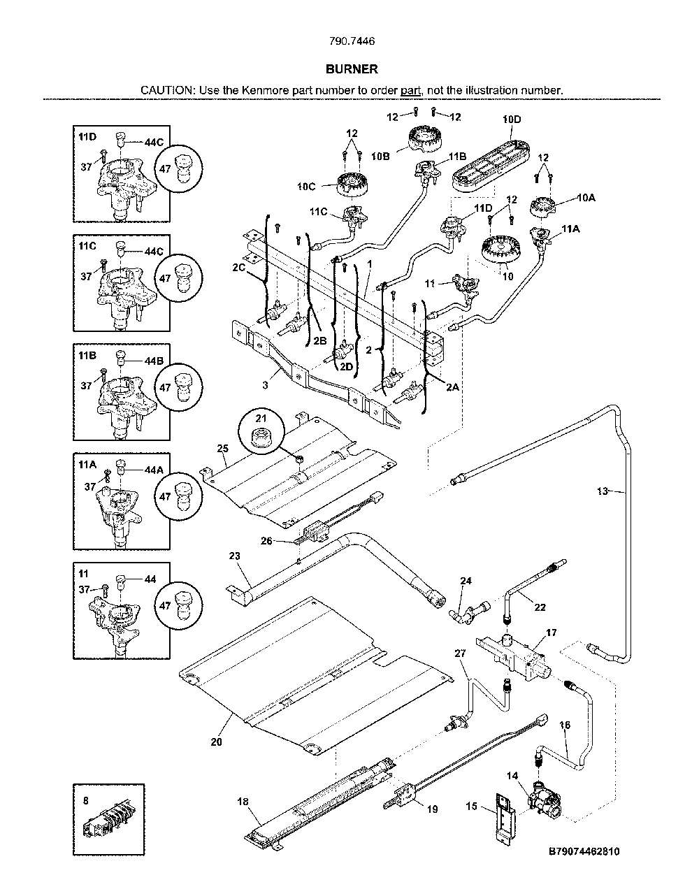 Burner Diagram and Parts List for 79074463810  Kenmore Range