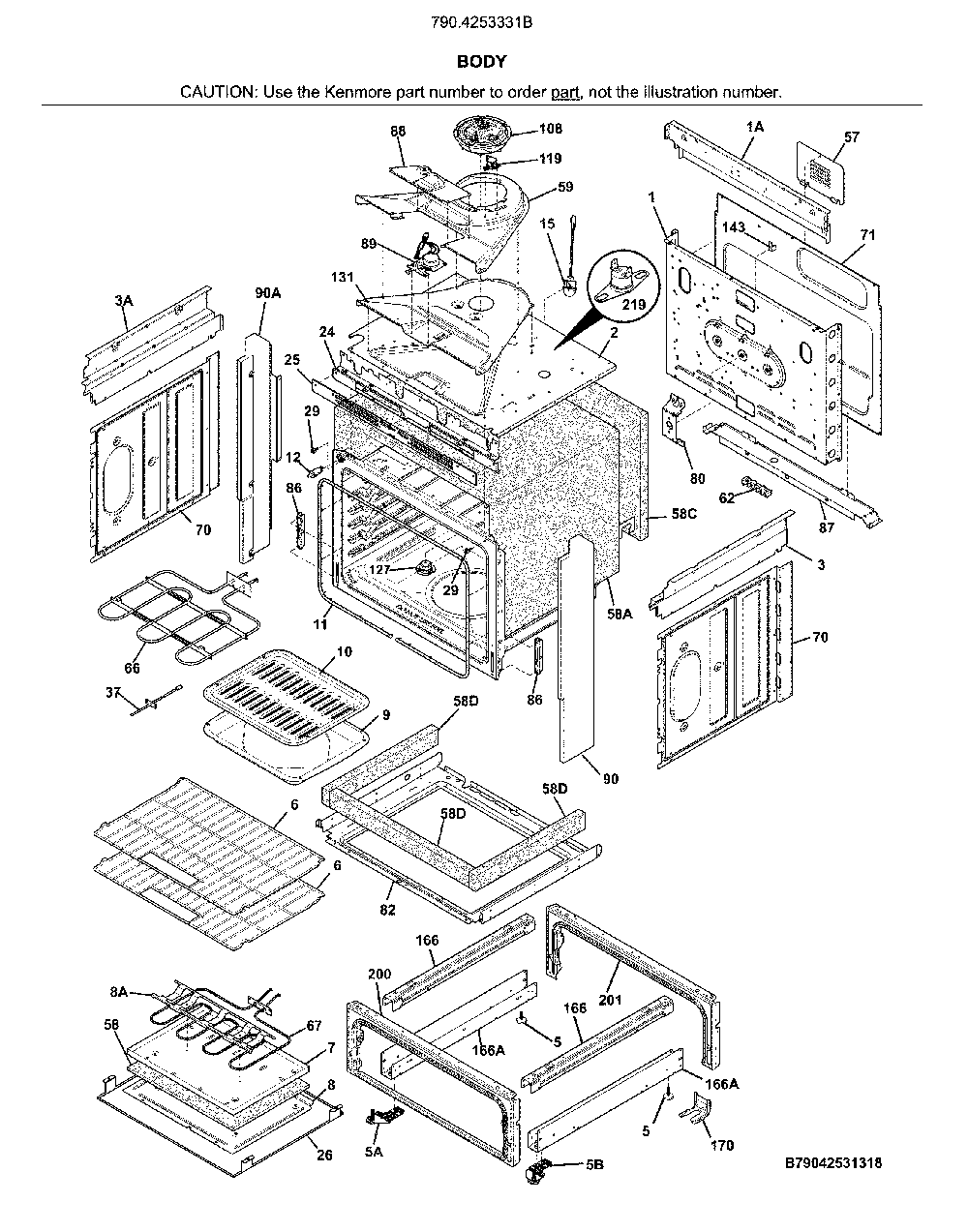 Body Diagram and Parts List for 7904253331B  Kenmore Range