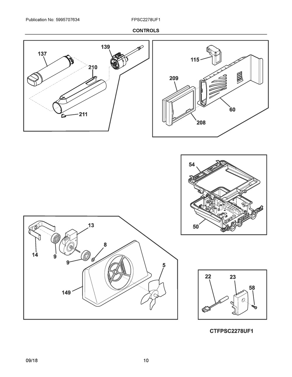 Controls Diagram and Parts List for FPSC2278UF1  Frigidaire Refrigerator
