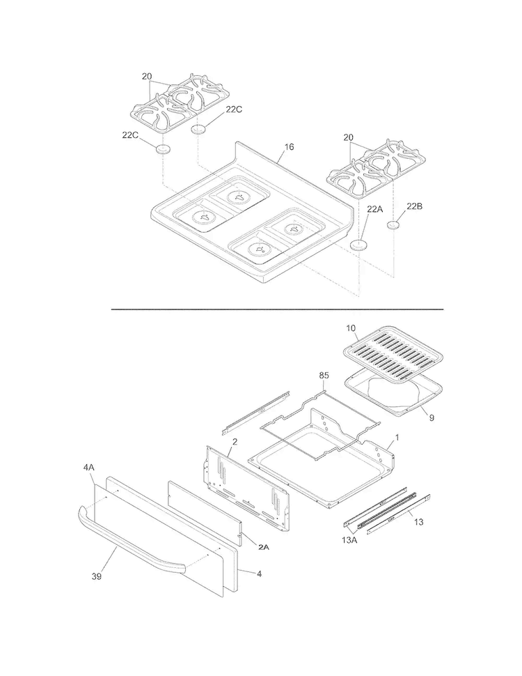 Top/drawer Diagram and Parts List for FFGF3047LSF  Frigidaire Range