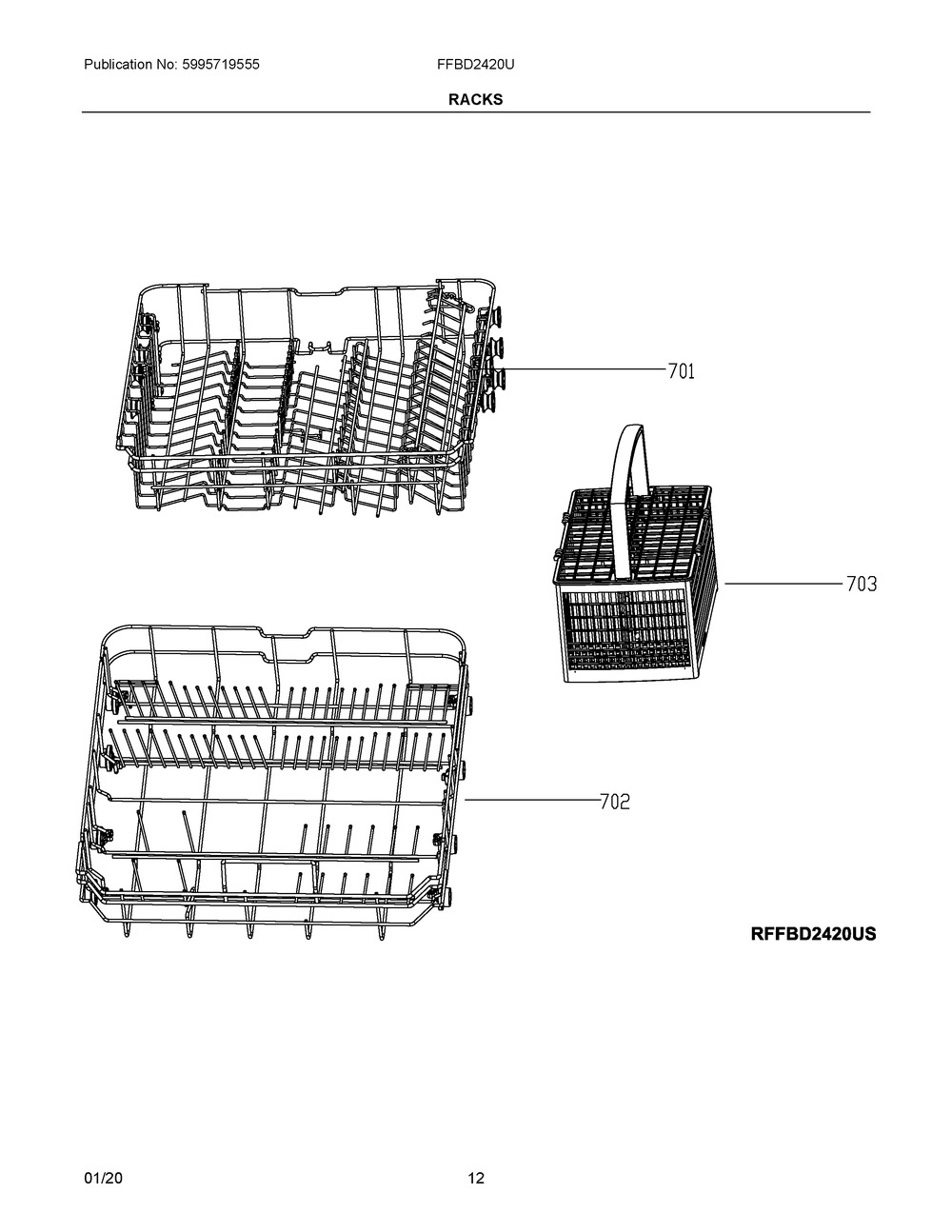 Racks Diagram and Parts List for FFBD2420UB  Frigidaire Dishwasher