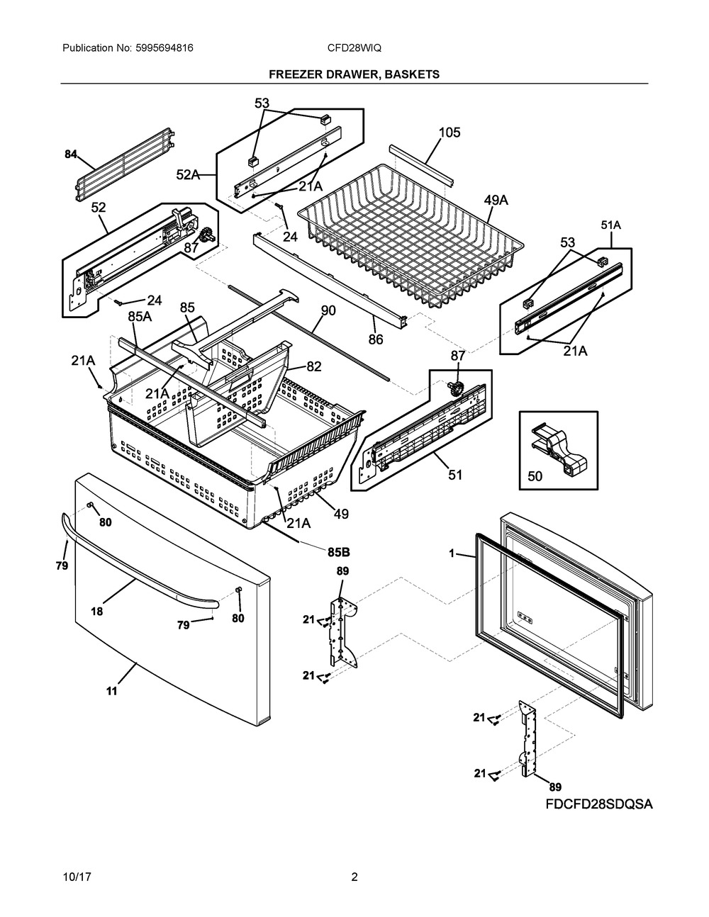 Freezer Drawer, Baskets Diagram and Parts List for CFD28WIQSE  Frigidaire Refrigerator