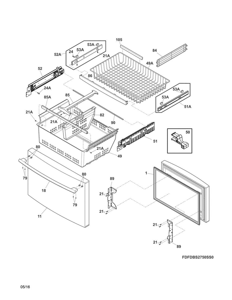 Freezer Drawer/baskets Diagram and Parts List for FDBS2750SS0  Frigidaire Refrigerator