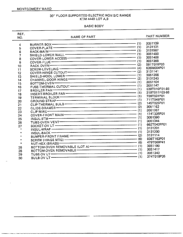 30" Floor/basic Body Page 2 Diagram and Parts List for 4448B  Frigidaire Range
