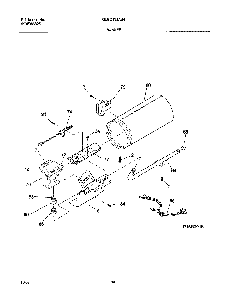 BURNER Diagram and Parts List for GLGQ332AS4  Frigidaire Dryer